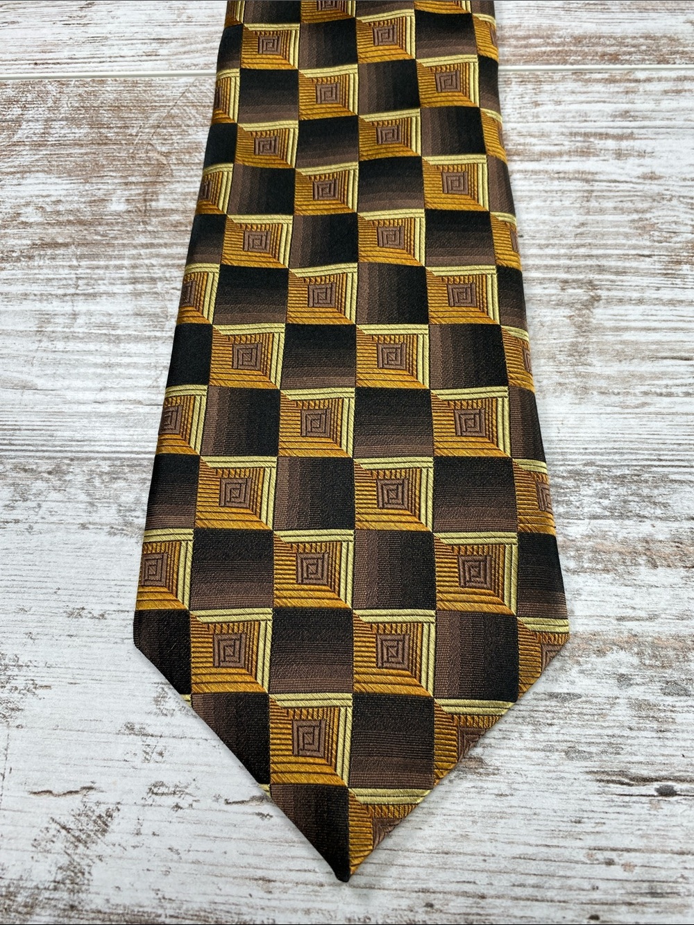 Bruno Piattelli Silk Tie 64” Extra Long Geometric Cube Brown Gold Wide 4” USA